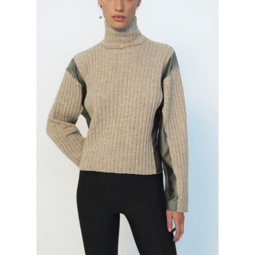 Zara Women's Ribbed Turtleneck Sweater - Beige and Green